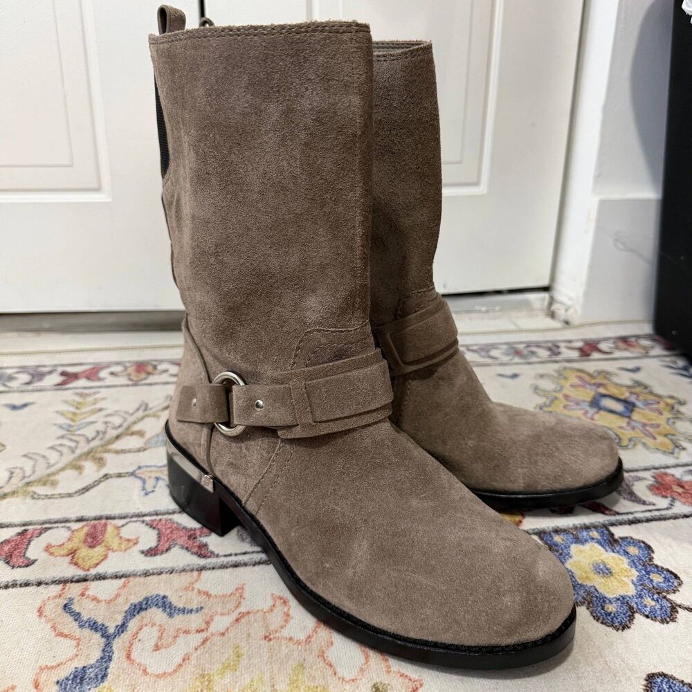 Vince Camuto Wellery 8.5 Taupe Suede Mid Calf Harness Boots Western Buckle Women